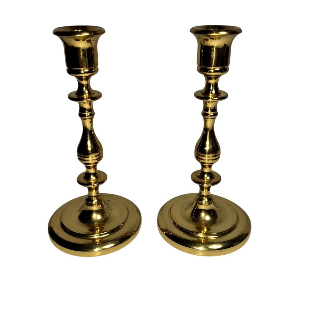 Vintage Baldwin 7" Polished Solid Brass Candle Holders Beveled Original Patina